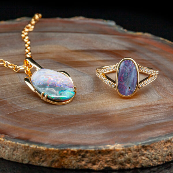 Australian Pink-Purple Black Opal Ring in Yellow Gold by World Treasure Designs