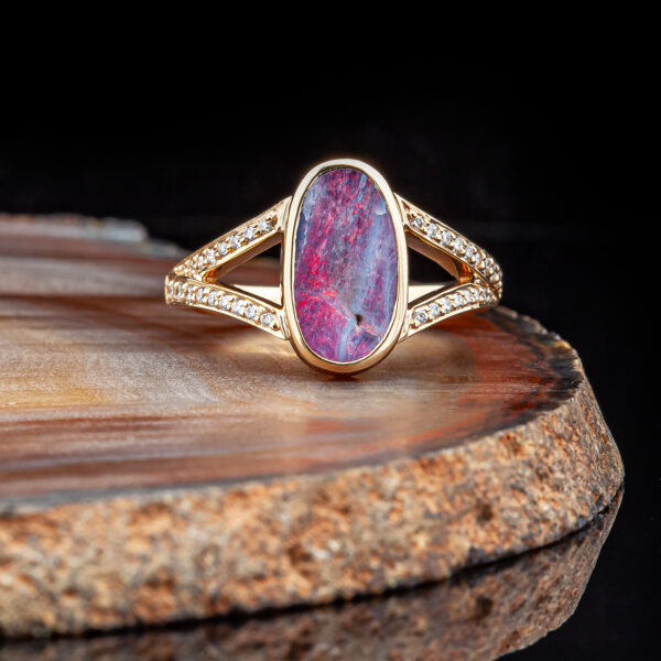 Australian Pink-Purple Black Opal Split Shank Diamond Band Ring in Yellow Gold by World Treasure Designs