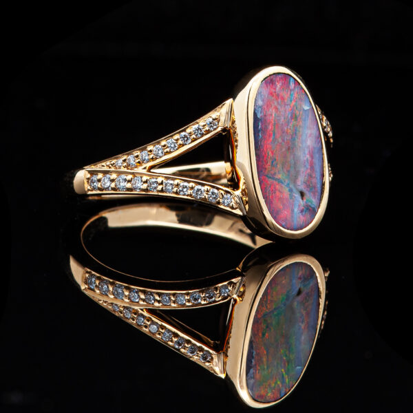 Australian Pink-Purple Black Opal Split Shank Ring with Diamonds in Yellow Gold by World Treasure Designs
