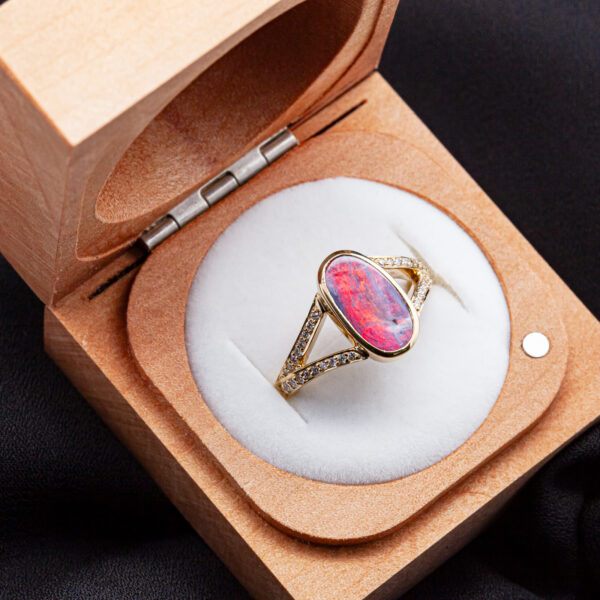 Australian Pink-Purple Black Opal Ring with Split Shank Diamond Band in Yellow Gold by World Treasure Designs