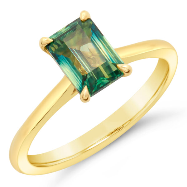 Australian Rectangle Blue-Green-Yellow Parti Sapphire Ring in Yellow Gold by World Treasure Designs