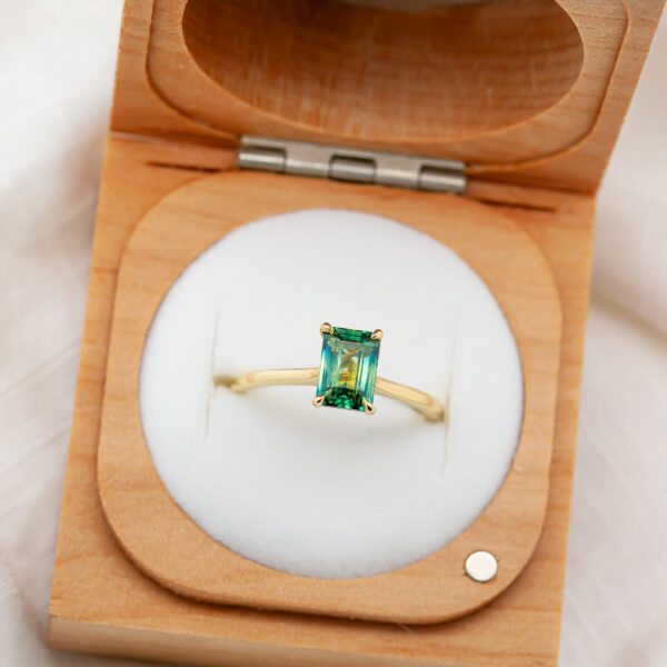 Australian Rectangular Blue-Green-Yellow Parti Sapphire Ring in Yellow Gold by World Treasure Designs