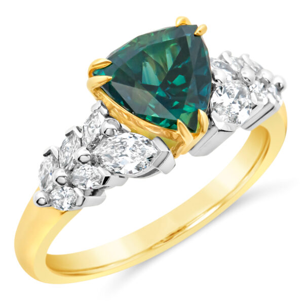 Australian Teal-Blue Sapphire and Marquise Diamond Ring in Yellow Gold by World Treasure Designs