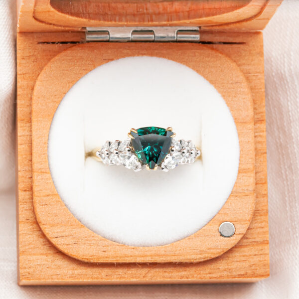 Australian Tri Cut Teal-Blue Parti Sapphire and Diamond Ring in Yellow and White Gold by World Treasure Designs