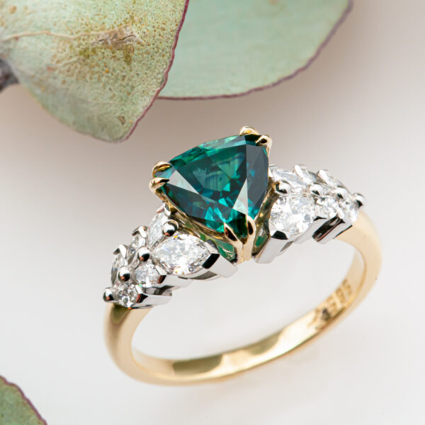 Australian Teal-Blue Tri Cut Sapphire and Marquise Diamond Ring in Yellow and White Gold by World Treasure Designs