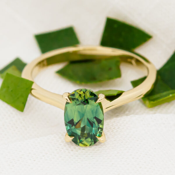 Australian Oval Teal-Green-Mint Parti Sapphire Ring in Yellow Gold by World Treasure Designs