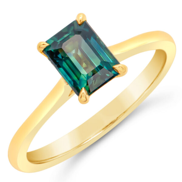 Emerald Cut Australian Blue-Green Parti Sapphire Ring in Yellow Gold by World Treasure Designs