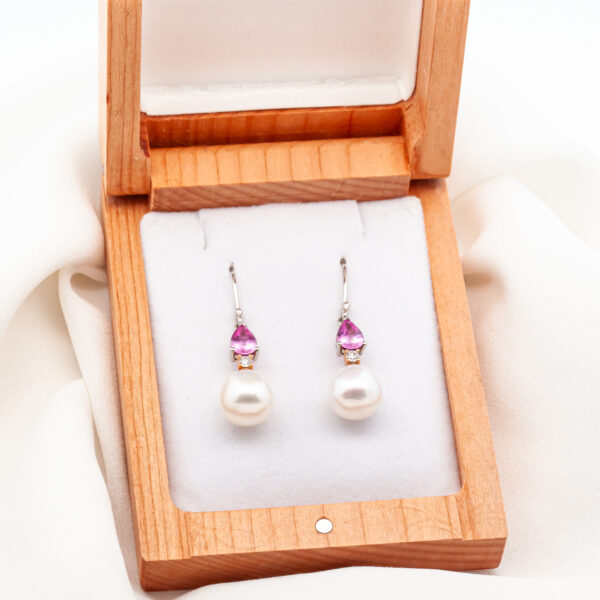 Pink Sapphire and Australian South Sea Pearl Earrings in White and Rose Gold by World Treasure Designs