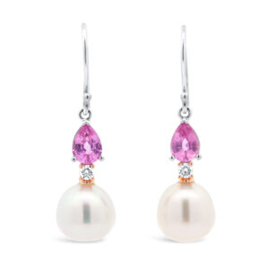 Pink Sapphire and Australian South Sea Pearl Earrings in Rose Gold and White Gold by World Treasure Designs