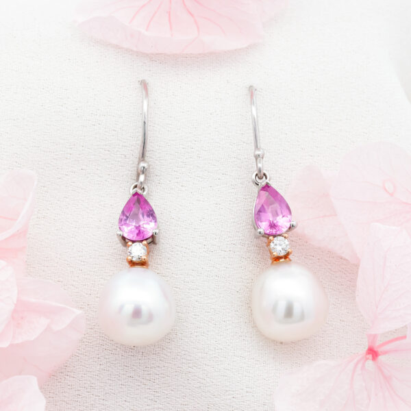 Australian South Sea Pearl and Pink Sapphire Earrings in Rose Gold and White Gold by World Treasure Designs