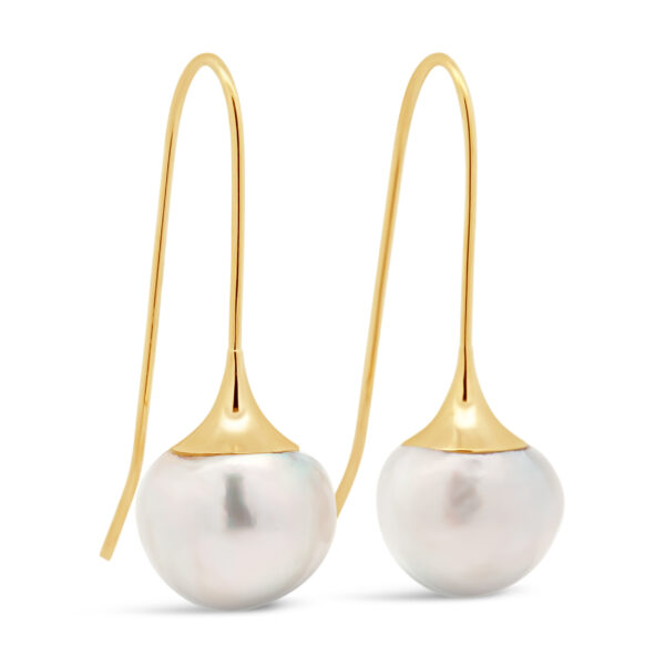 Australian South Sea Pearl Earrings with Trumpet Setting in Yellow Gold by World Treasure Designs