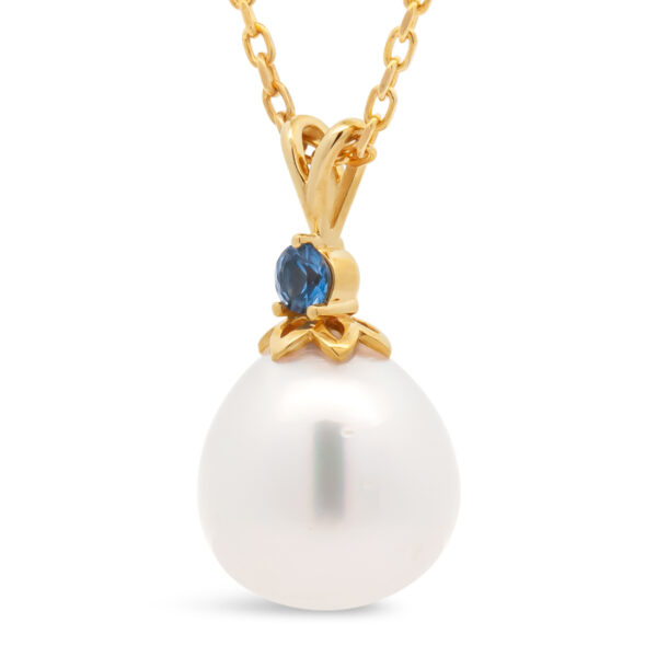 Australian South Sea White Pearl and Blue Sapphire Necklace in Yellow Gold by World Treasure Designs