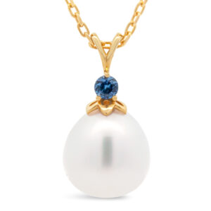 Australian Blue Sapphire and Australian South Sea White Pearl Necklace in Yellow Gold by World Treasure Designs