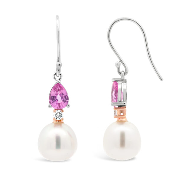 Australian South Sea Pearl and Pink Sapphire Earrings in White Gold and Rose Gold by World Treasure Designs