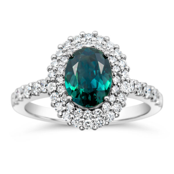 Australian Teal-Blue Parti Sapphire and Diamond Halo Ring in Platinum by World Treasure Designs