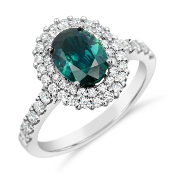 Australian Teal-Blue Parti Sapphire and Halo of Diamonds Ring in Platinum by World Treasure Designs