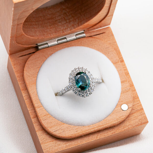 Australian Teal-Blue Parti Sapphire and Double Diamond Halo Ring in Platinum by World Treasure Designs