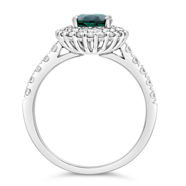 Halo of Diamonds Surrounding Australian Teal-Blue Parti Sapphire Ring in Platinum by World Treasure Designs