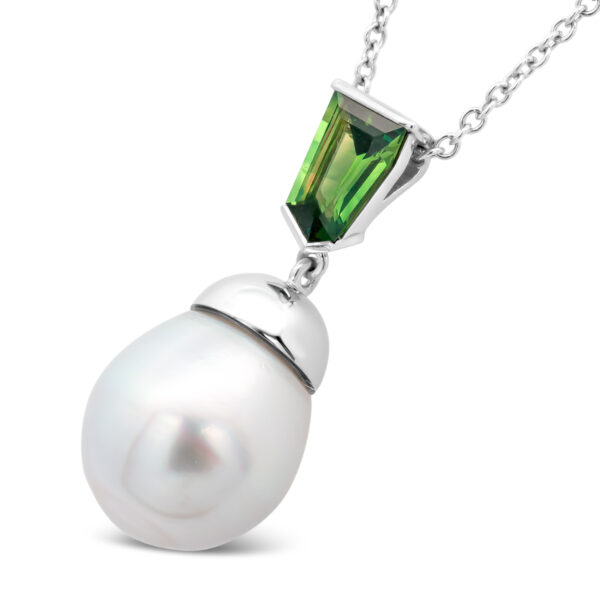 Australian Green Parti Sapphire and Australian South Sea Pearl Necklace in White Gold by World Treasure Designs
