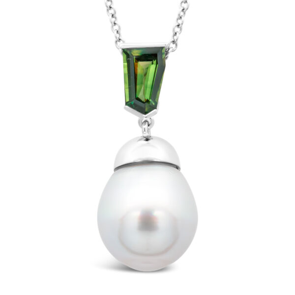 Australian South Sea Pearl Necklace with Green Parti Sapphire in White Gold by World Treasure Designs