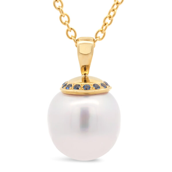 Australian South Sea Pearl and Blue Sapphire Necklace in Yellow Gold by World Treasure Designs