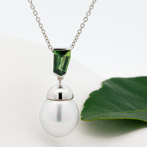 Australian South Sea Pearl and Green Blue Parti Sapphire Necklace in White Gold by World Treasure Designs
