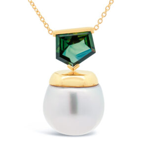 Australian Teal Green Parti Sapphire and Pearl Necklace in Yellow Gold by World Treasure Designs