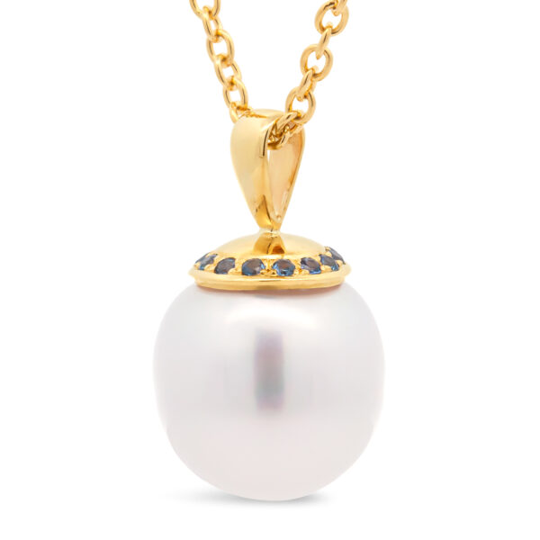Australian South Sea Pearl Pendant with Crown of Blue Sapphires in Yellow Gold by World Treasure Designs