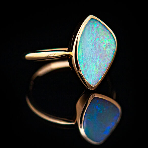 Blue Green Purple Crystal Australian Opal Ring in Yellow Gold by World Treasure Designs