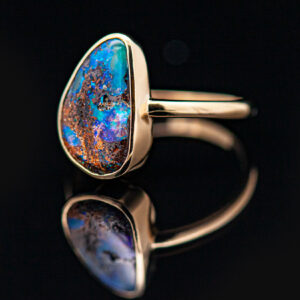 Blue Australian Fossil Wood Opal Ring in Yellow Gold by World Treasure Designs