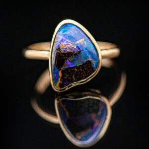 Blue Purple Australian Boulder Opal Ring in Yellow Gold by World Treasure Designs
