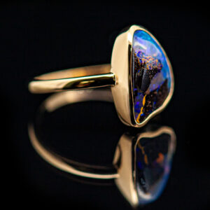 Dark Australian Boulder Opal with Blue and Purple Bezel Set in Yellow Gold by World Treasure Designs