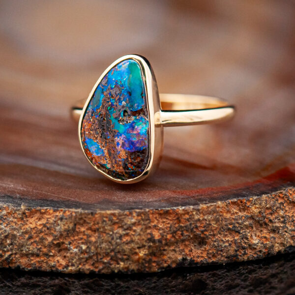 Fossilized Wood Australian Opal Ring in Yellow Gold by World Treasure Designs