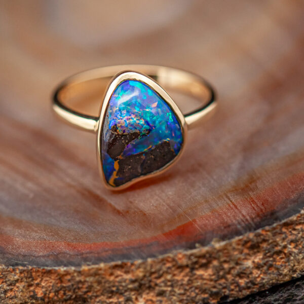 Purple-Blue Australian Boulder Opal Ring Bezel Set in Yellow Gold by World Treasure Designs