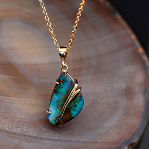 Australian Boulder Blue Opal Necklace with Gold Accent in Yellow Gold by World Treasure Designs