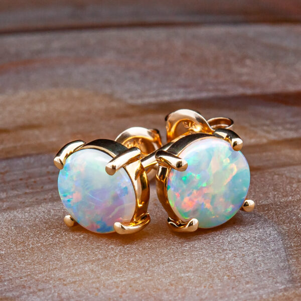 Australian Crystal Opal Earrings with Colors of the Rainbow in Yellow Gold by World Treasure Designs