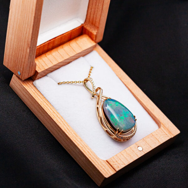 Australian Opal Fossilized Abalone Sea Shell Necklace with Diamonds in Yellow Gold by World Treasure Designs