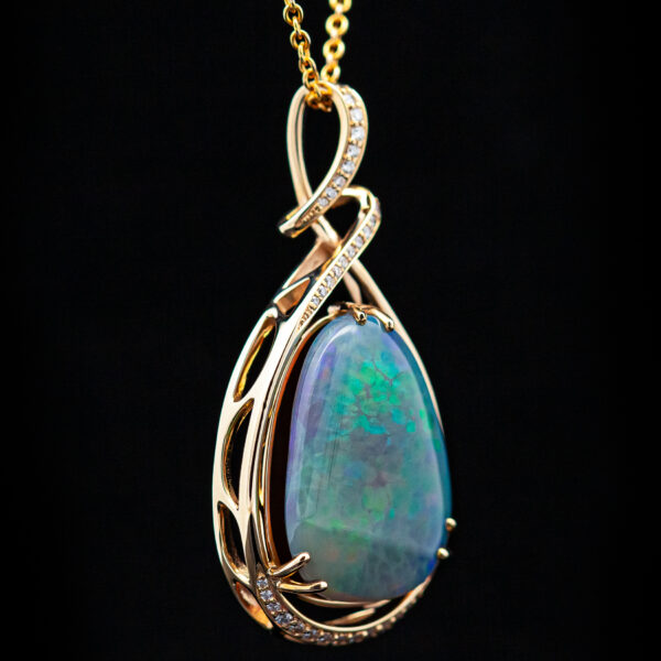 Australian Opal Shell Fossil Necklace with Twist of Diamonds set in Yellow Gold by World Treasure Designs