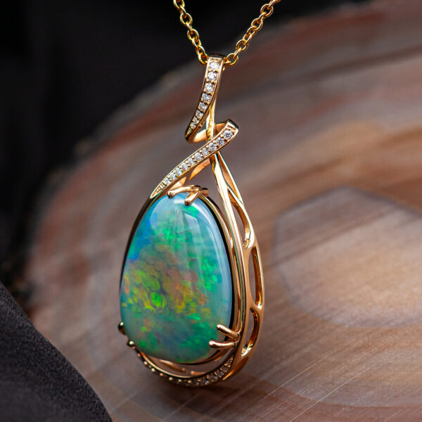 Australian Fossil Sea Shell Opal Necklace with lots of Diamonds in Yellow Gold by World Treasure Designs