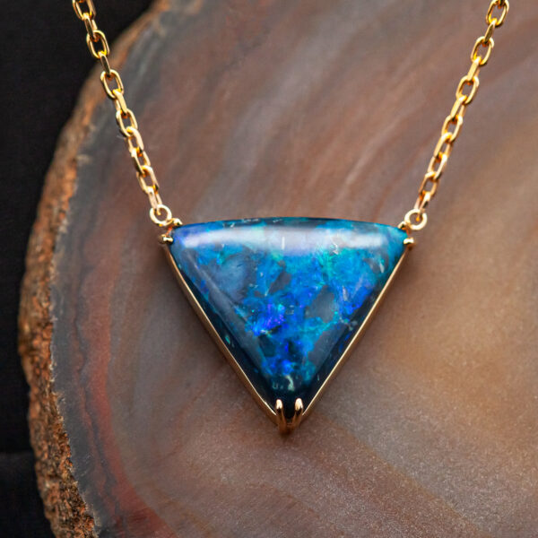 Australian Opal with Fossilized Wood Tri Cut Necklace in Yellow Gold by World Treasure Designs