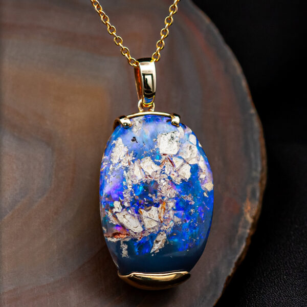 Australian Petrified Wood Boulder Opal Necklace in Yellow Gold by World Treasure Designs