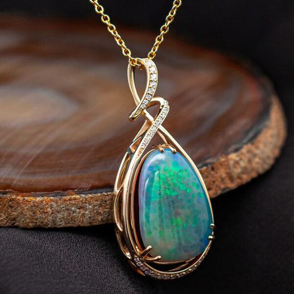 Australian Opal with Fossilized Abalone Shell and Diamonds Set in Yellow Gold by World Treasure Designs