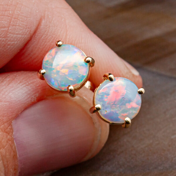 Rainbow Australian Crystal Opal Stud Earrings in Yellow Gold by World Treasure Designs