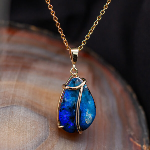 Yellow Gold Accent on Australian Boulder Opal Necklace Set in Yellow Gold by World Treasure Designs