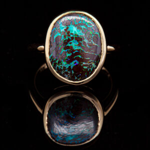 Australian Aqua Boulder Matrix Opal Ring Bezel Set in Yellow Gold by World Treasure Designs