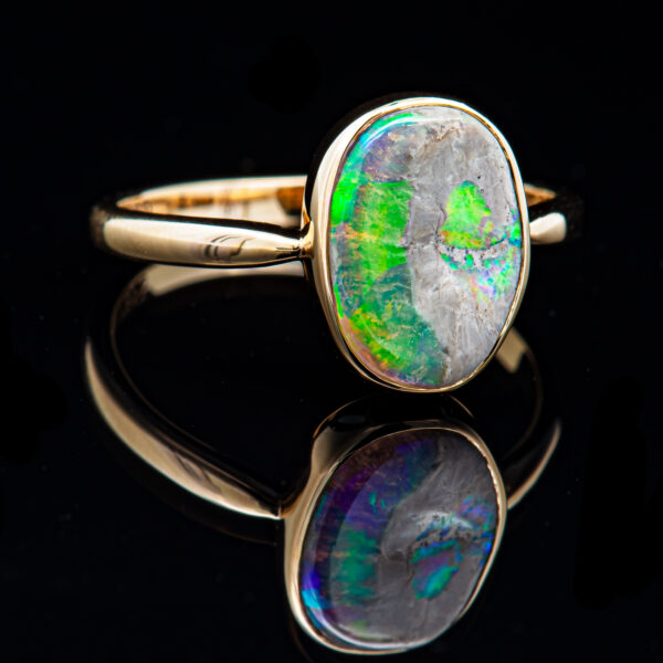 Oval Australian Black Crystal Opal Ring in Yellow Gold by World Treasure Designs
