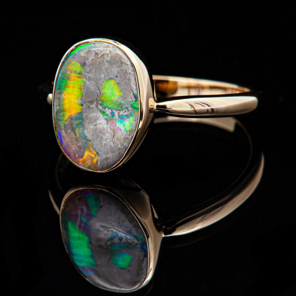 Australian Black Crystal Opal Ring with Soft Colors in Yellow Gold by World Treasure Designs