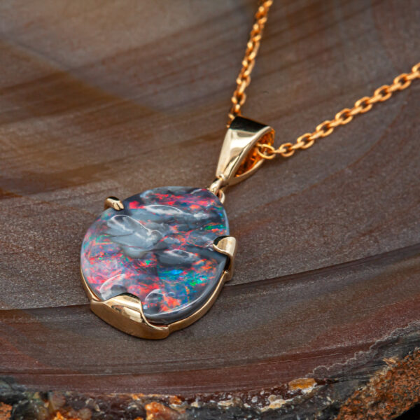Australian Black Opal Necklace with Fire in Yellow Gold by World Treasure Designs
