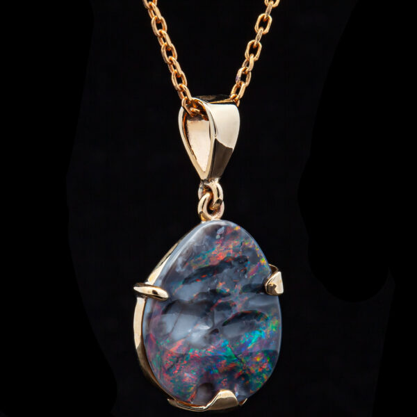 Australian Black Opal Necklace with Rainbow of Color in Yellow Gold by World Treasure Designs
