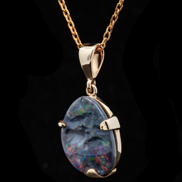 Australian Black Opal Pendant with Pink, Red, Blue, Green, Set in Yellow Gold by World Treasure Designs